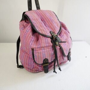 VTG Y2K Rampage Backpack Pink Purple Woven Fabric Faux Leather Trim Drawstng Bag